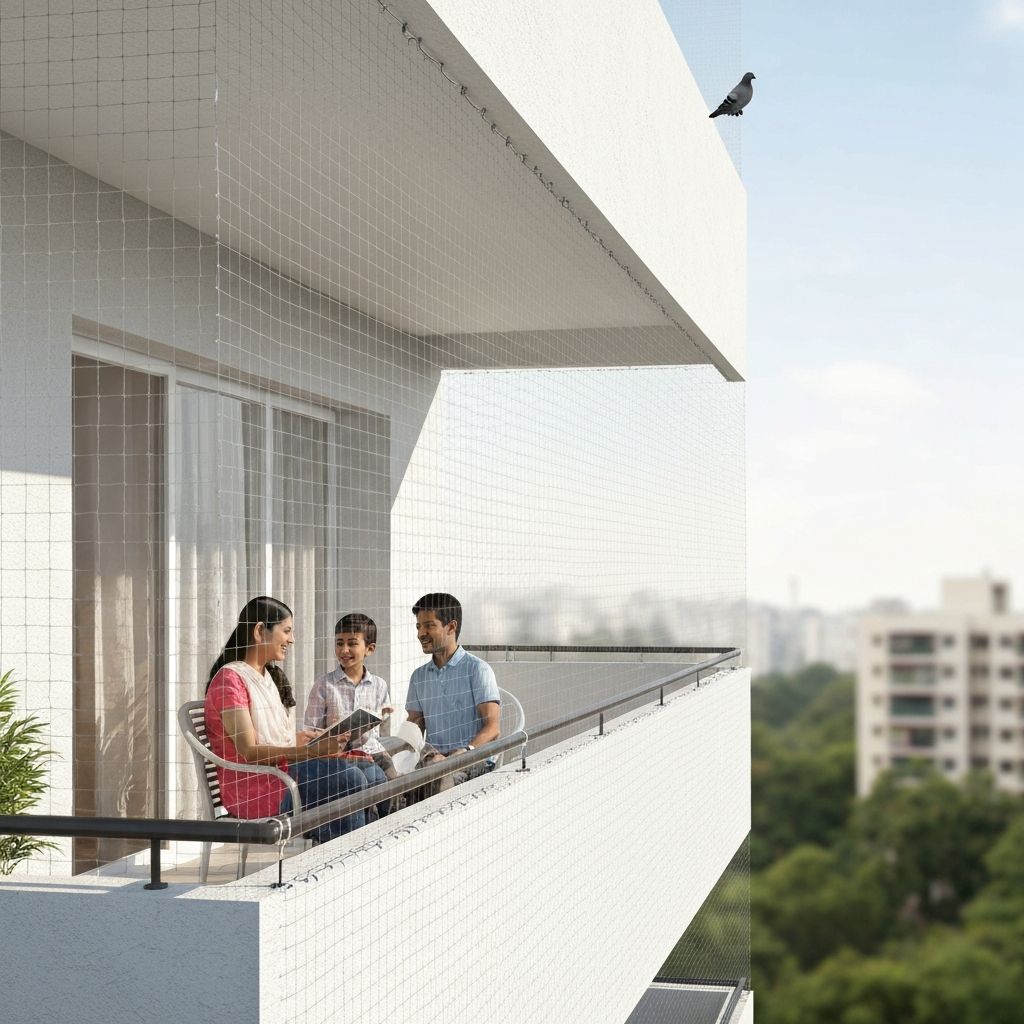 Balcony after bird net installation - clean and bird-free