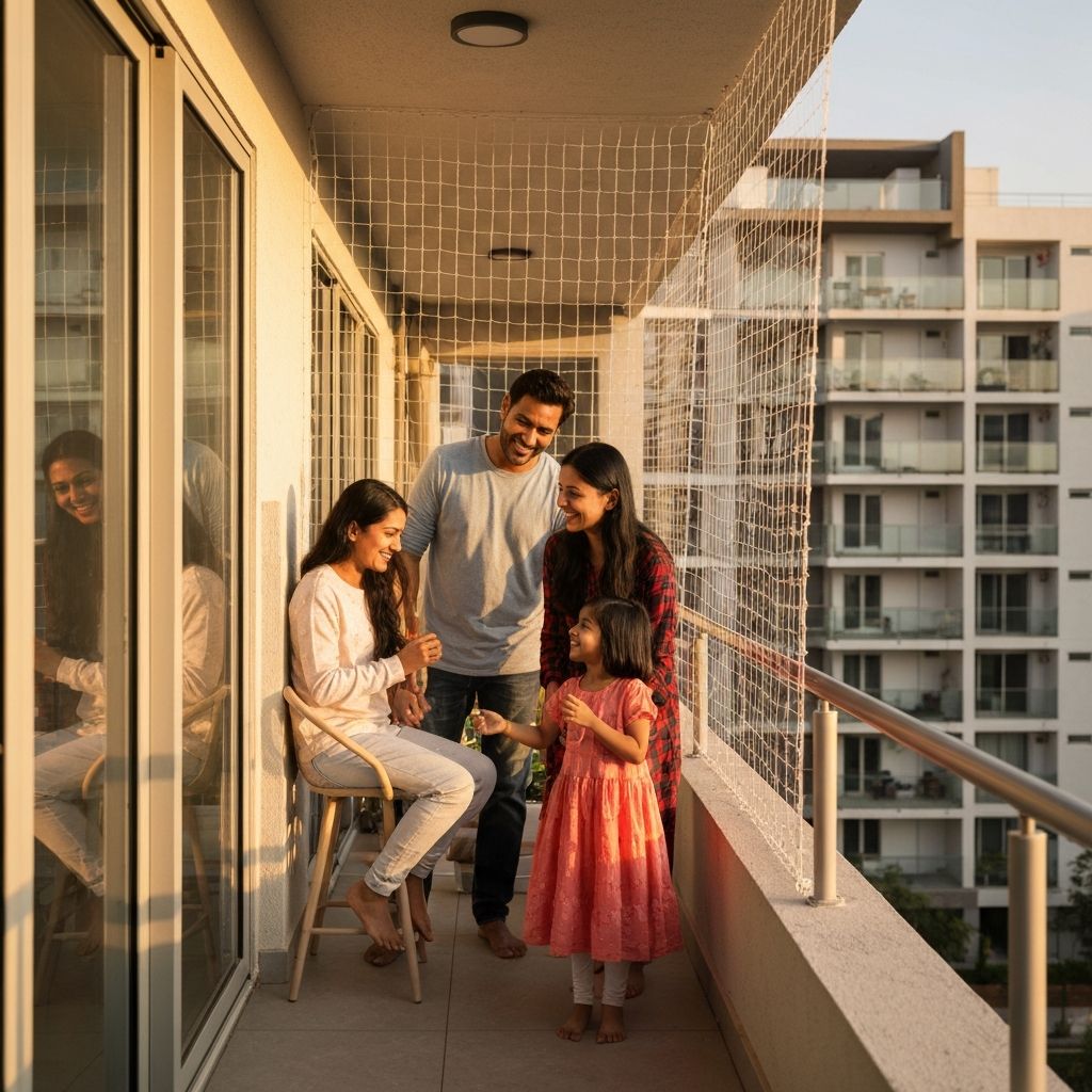Happy family on clean safe balcony after bird net installation